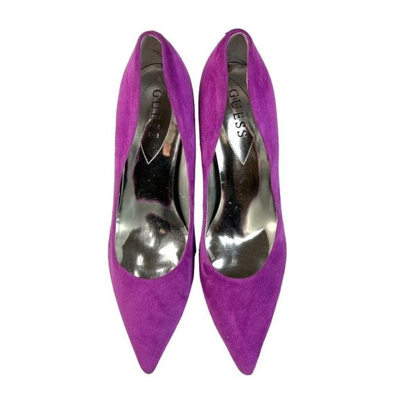 GUESS Merilyn Pumps Size 9 M Pointy Toe Stiletto Suede Leather Fuchsia Purple - Picture 4 of 11